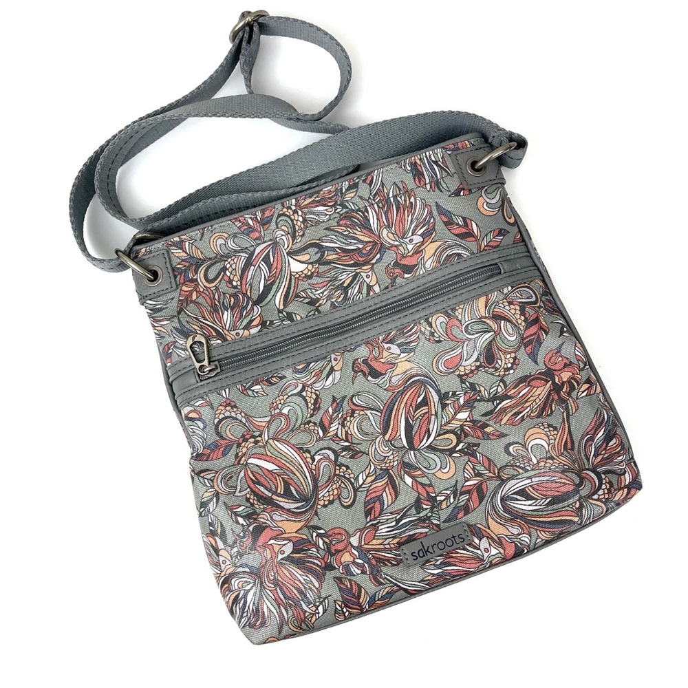 Sakroots Artist Circle Flat Crossbody Bag in Grey Treehouse